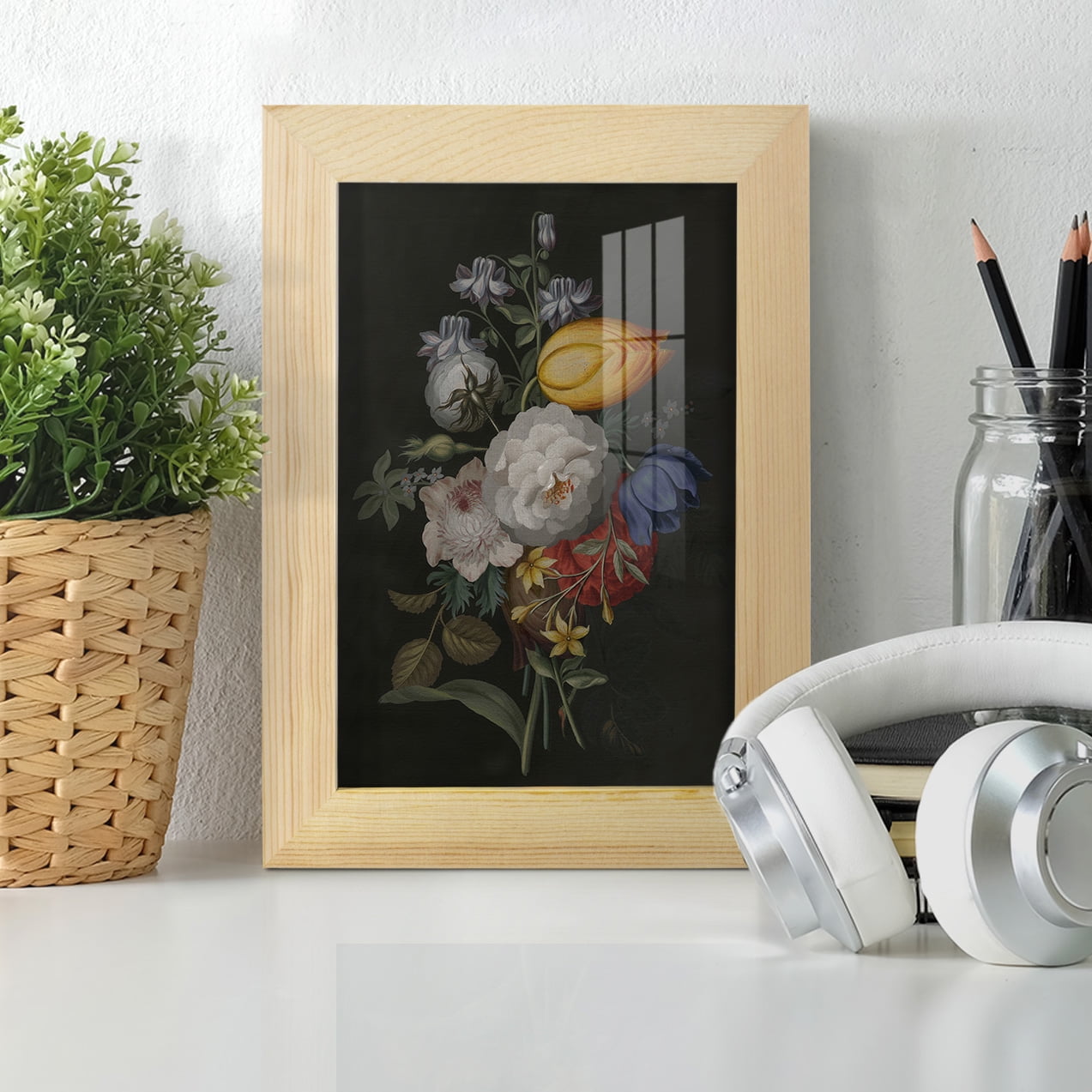 Dramatic Bouquet III -Framed Print w/glass-Natural Wood