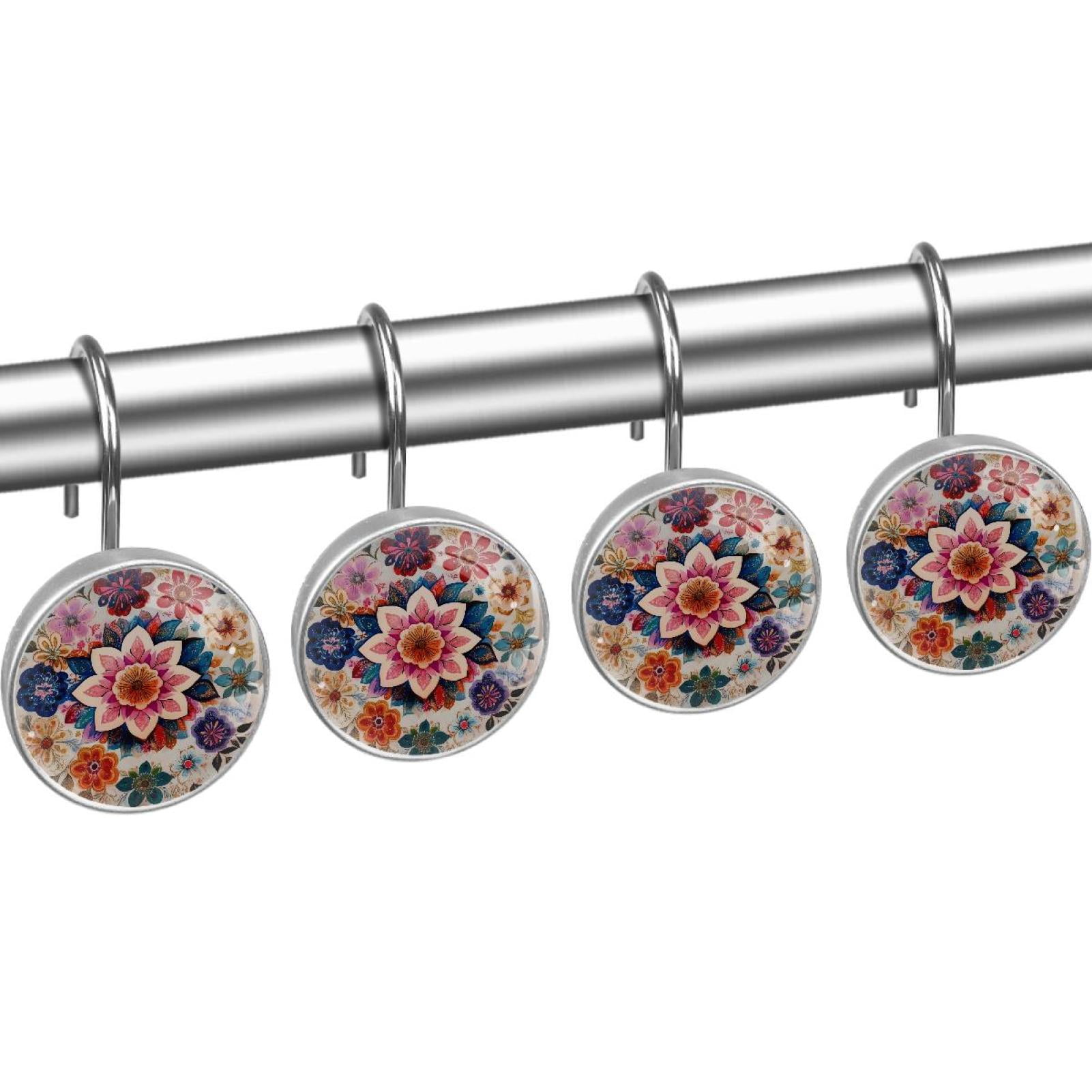 Hipple Florals Shower Curtain Hooks Round Crystal Glass, Set of 12 Shower Curtain Rings - Shower Hooks for Curtain Shower Rings