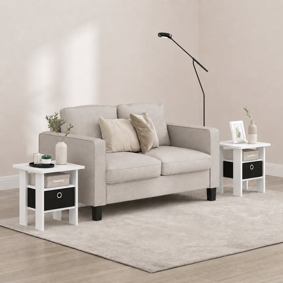 Furinno Andrey Set of 2 Side Table, White 2-Tier End Table, Open Shelf & Storage Bin Night Stand, Bedside Table for Living Room, Bedroom, Home Office, Plain White/Black