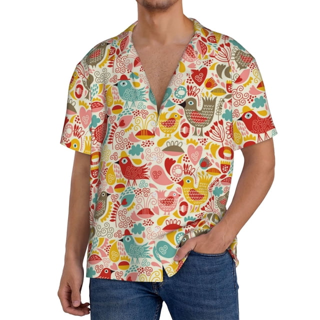 Fotbe Colorful Chicken Camisa Estampada de Manga Corta para Hombre, Casual de Verano, Estilo Playero, Sin Arrugas-4X-Large