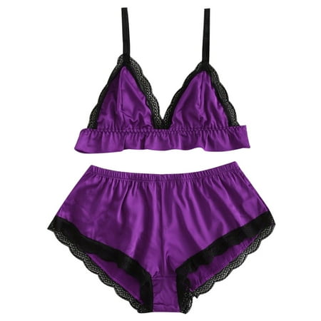 

Gaiseeis 2PC Women Satin Sexy Lingerie Girl Lace Splice Bodysuit Sleepwear Bodydoll Purple M
