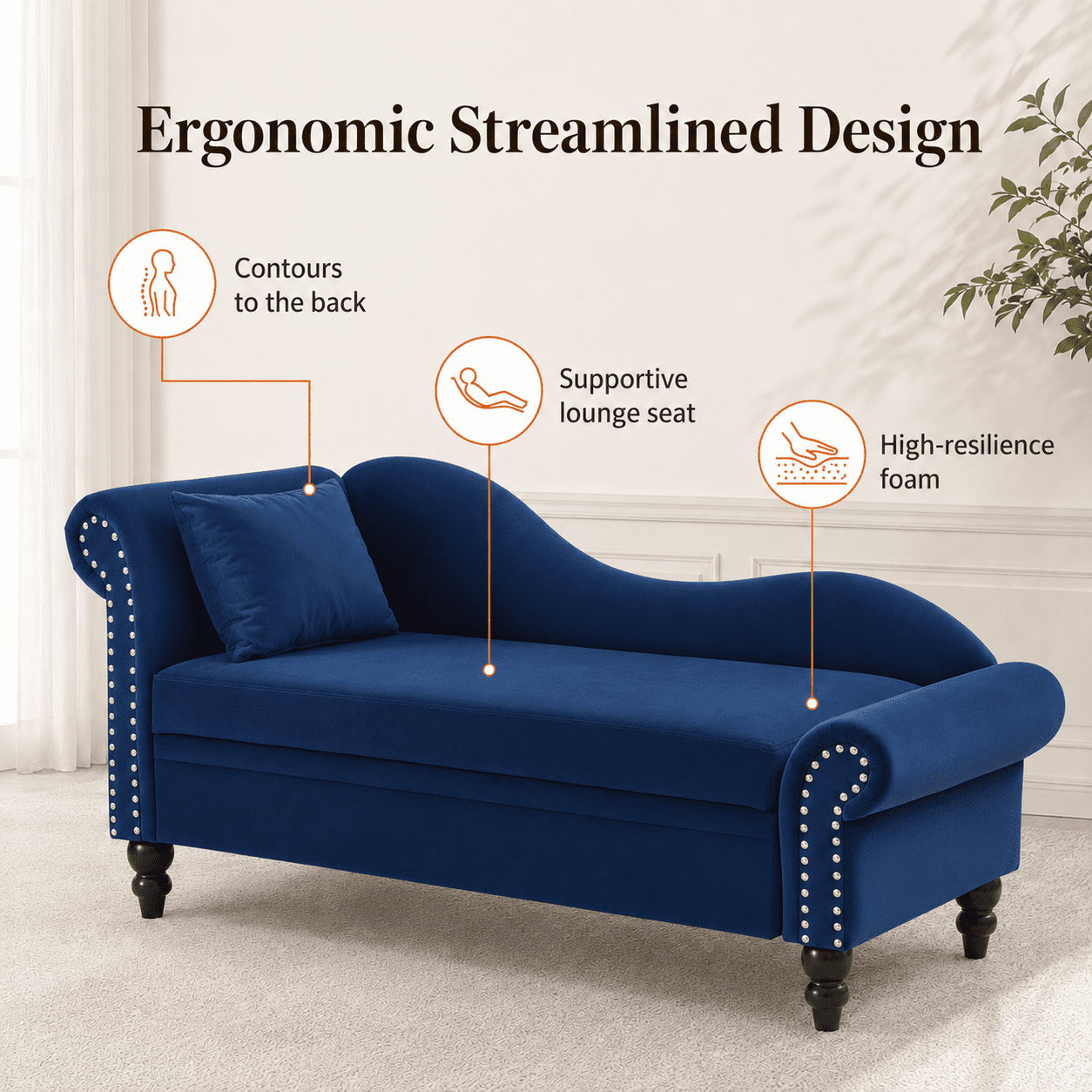 Aukfa 64.5" Modern Velvet Chaise Lounge with Storage, Left Armrest Lounge Sofa with Silver Nailhead Trim & Lumbar Pillow,Navy Blue