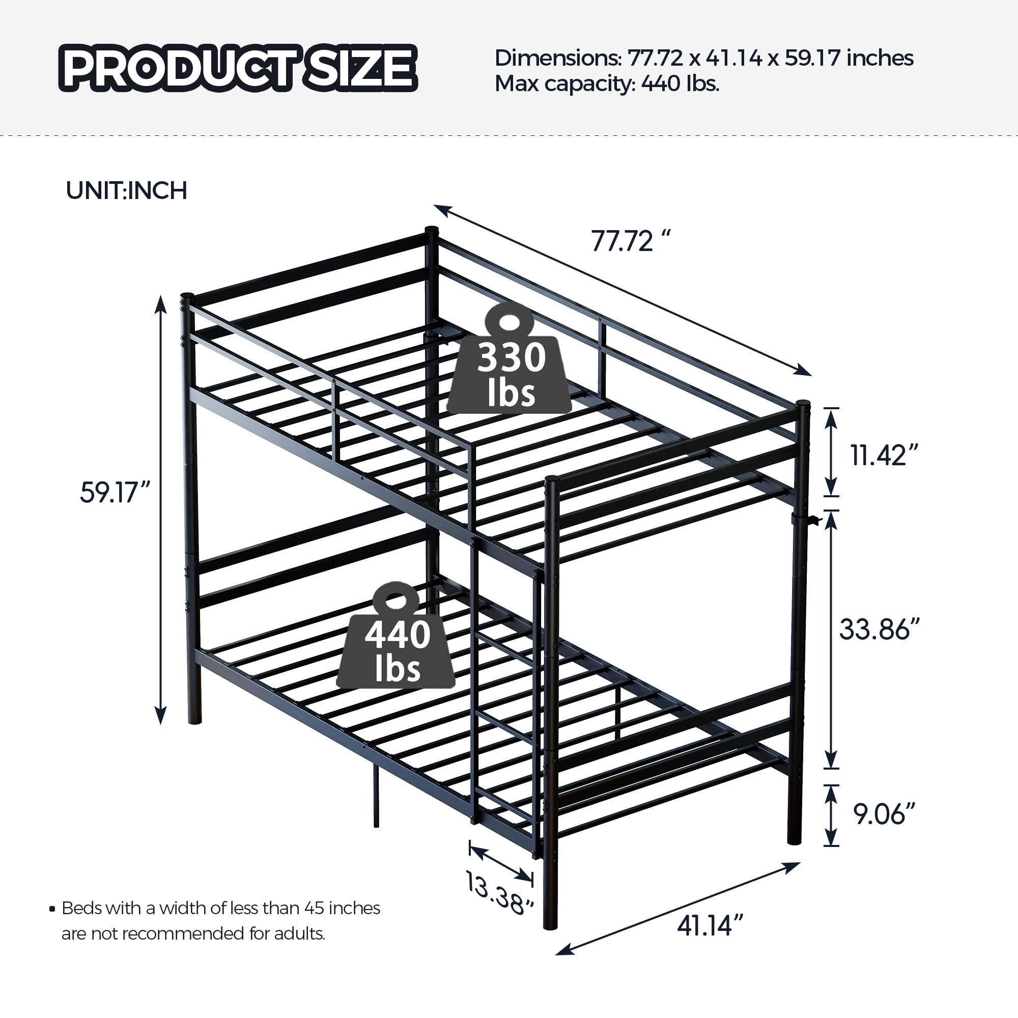 MAYEERTY Twin Over Twin Metal Bunk Bed with Ladder and High Guardrail, Supports 330 lbs, Space-Saving Storage for Kids Teens Adults, No Box Spring Needed