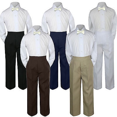 

3pc Ivory offwhite Bow Tie Suit Shirt Pants Set Baby Boy Toddler Kid Uniform S-7