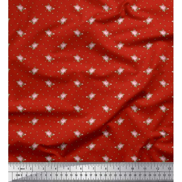 Soimoi polyester Crepe Fabric Leaves & Rose Floral Decor Fabric Printed Yard 52 Inch Wide