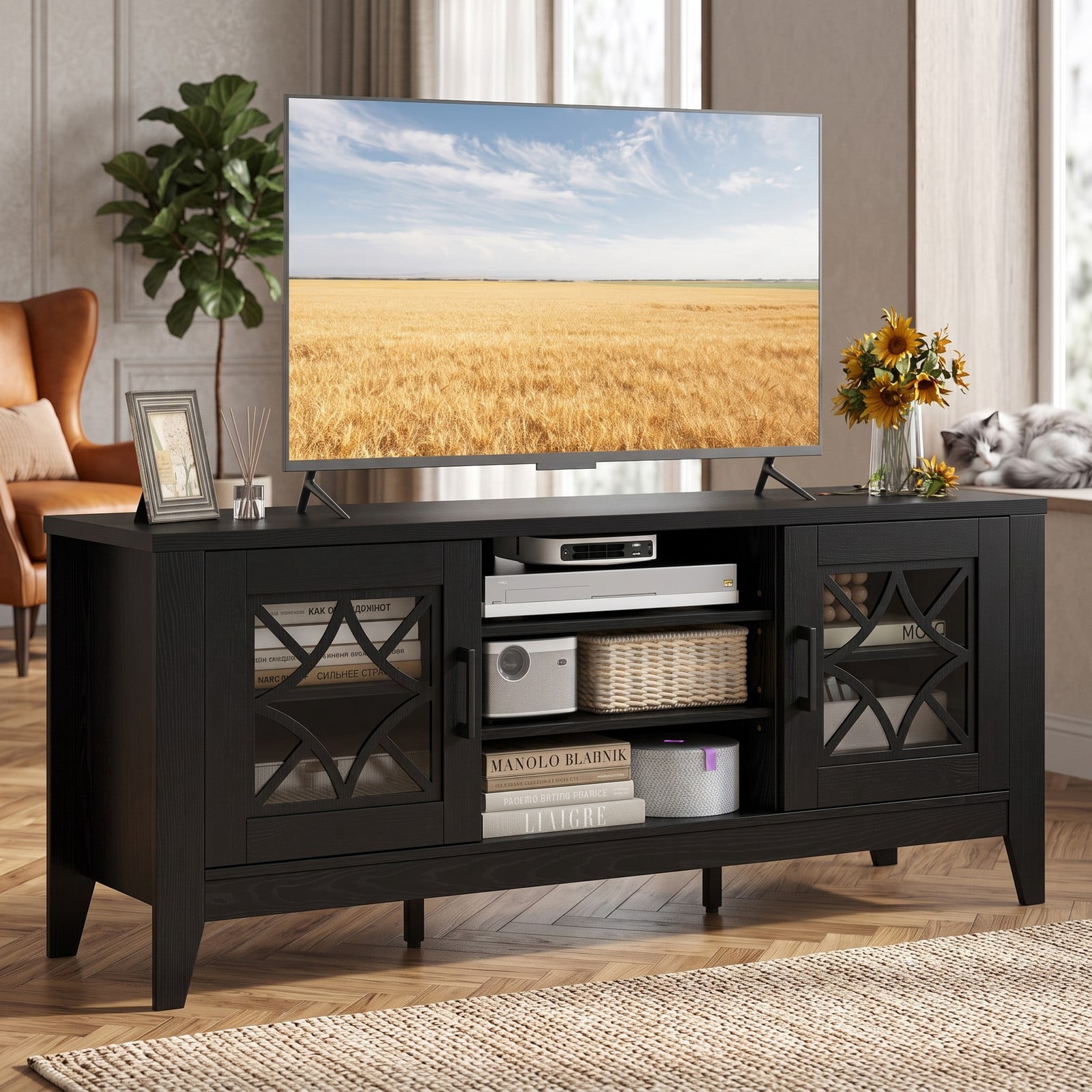 Furnibear Farmhouse TV Stand for TVs Up to 65 Inches, Entertainment Center with 4 Adjustable Shelves, Glass Door Cabinets and Cable Management, Media Console, Black
