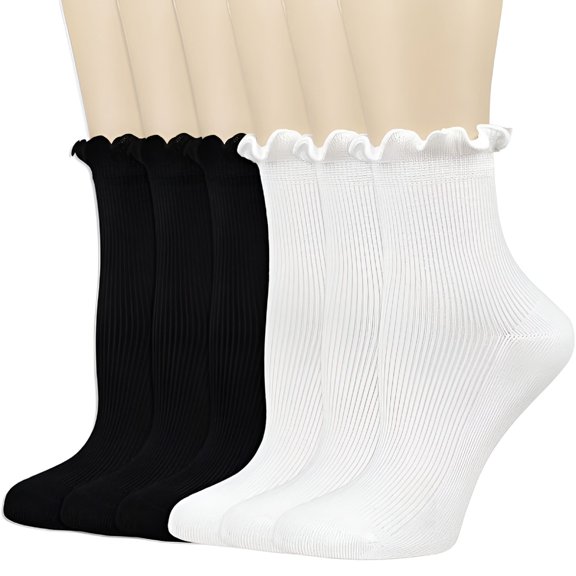 OQRKI 6 Pairs of Womens Crew Socks Ruffle White - Frilly Loafer Socks for Daily Wear