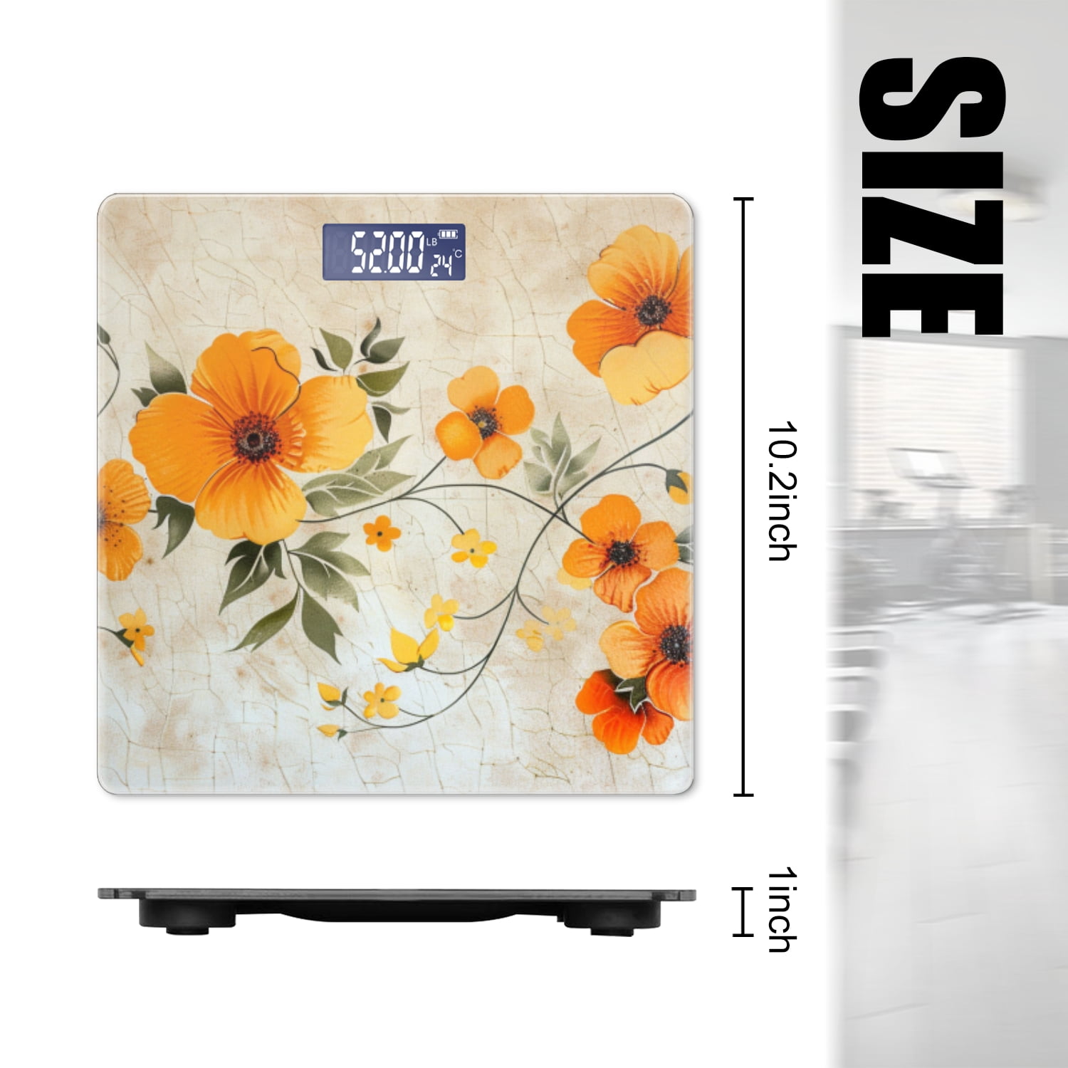 High Precision Body Weight Scale Smart Bathroom Scales with Large LCD Display(400lbs),Decorative for Bedroom-Vintage Orange Floral Painted On Cracked Surface