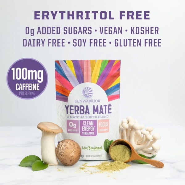 Yerba Mate + Matcha Clean Energy Superblend Powder Adaptogen & Mushroom Blend with L-Theanine, Maca & Lion’s Mane, Smooth Focus & Calm Energy | No Crash, Sugar Free, Vegan, Unflavored 30 Servings
