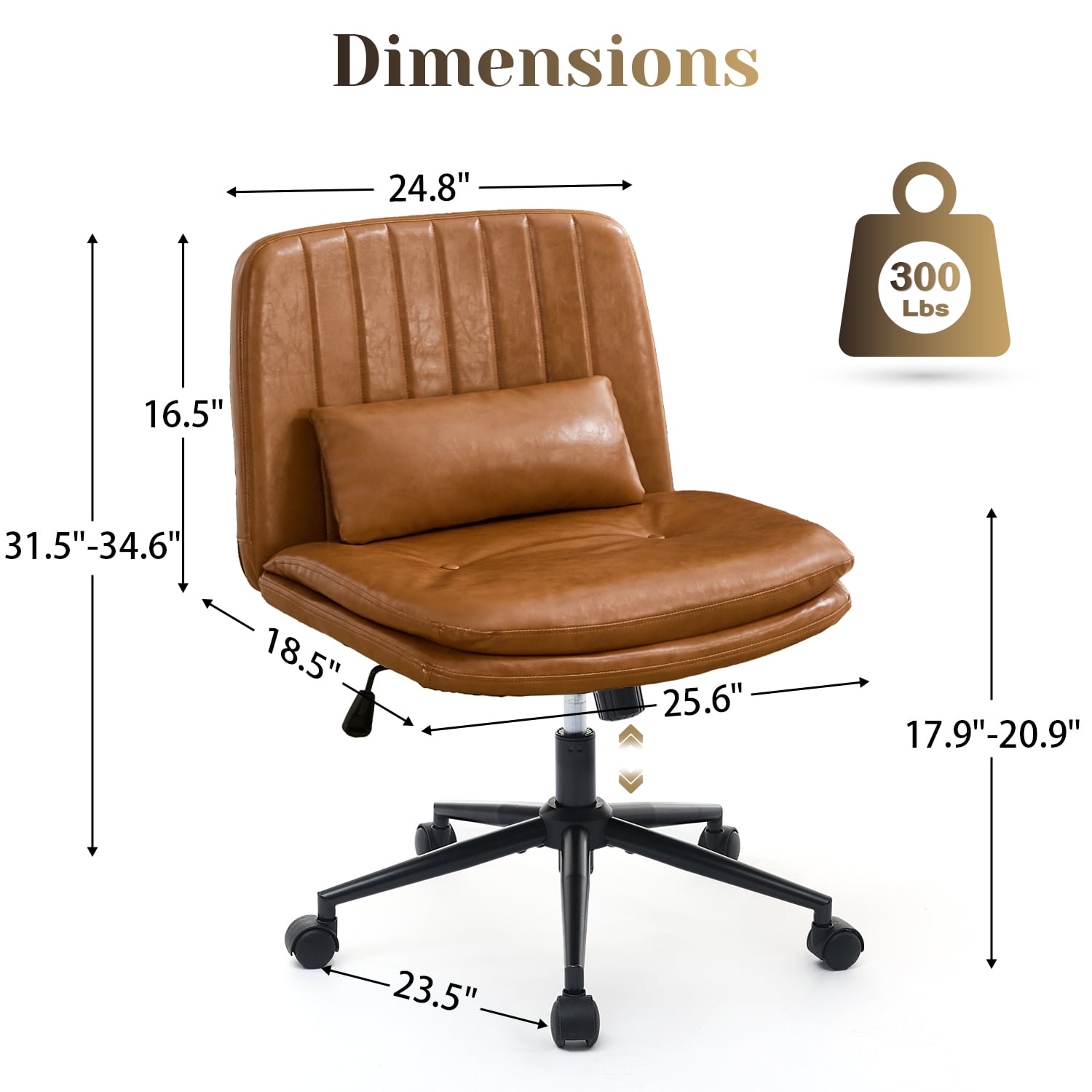 IPKIG Armless Criss Cross Office Chair, Brown PU Leather Adjustable Swivel Desk Chair with Lumbar Support Pillow for Home Office, Living Room, Vanity