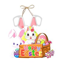 SLYNSHome Happy Easter Rabbit Decoration Sign,Cute Bunny & Eggs Hanging Ornament Welcome Pendant Wreath for Spring Home Door Wall Party