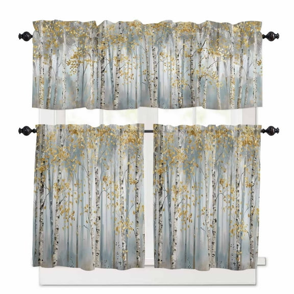 Yellow Grey Forest Kitchen Curtains and Valances Set, 3 Piece Kitchen Curtains Set 24 Inch Length, Grey Modern Art Oil Painting Rod Pocket Curtains Tier Farmhouse Window Curtains