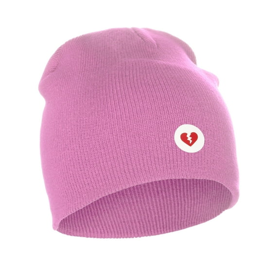 I&W Classic Winter Cuffless Beanie Knit Hat Love or Broken Heart Logo (Pink Beanie, White Red Broken Heart)