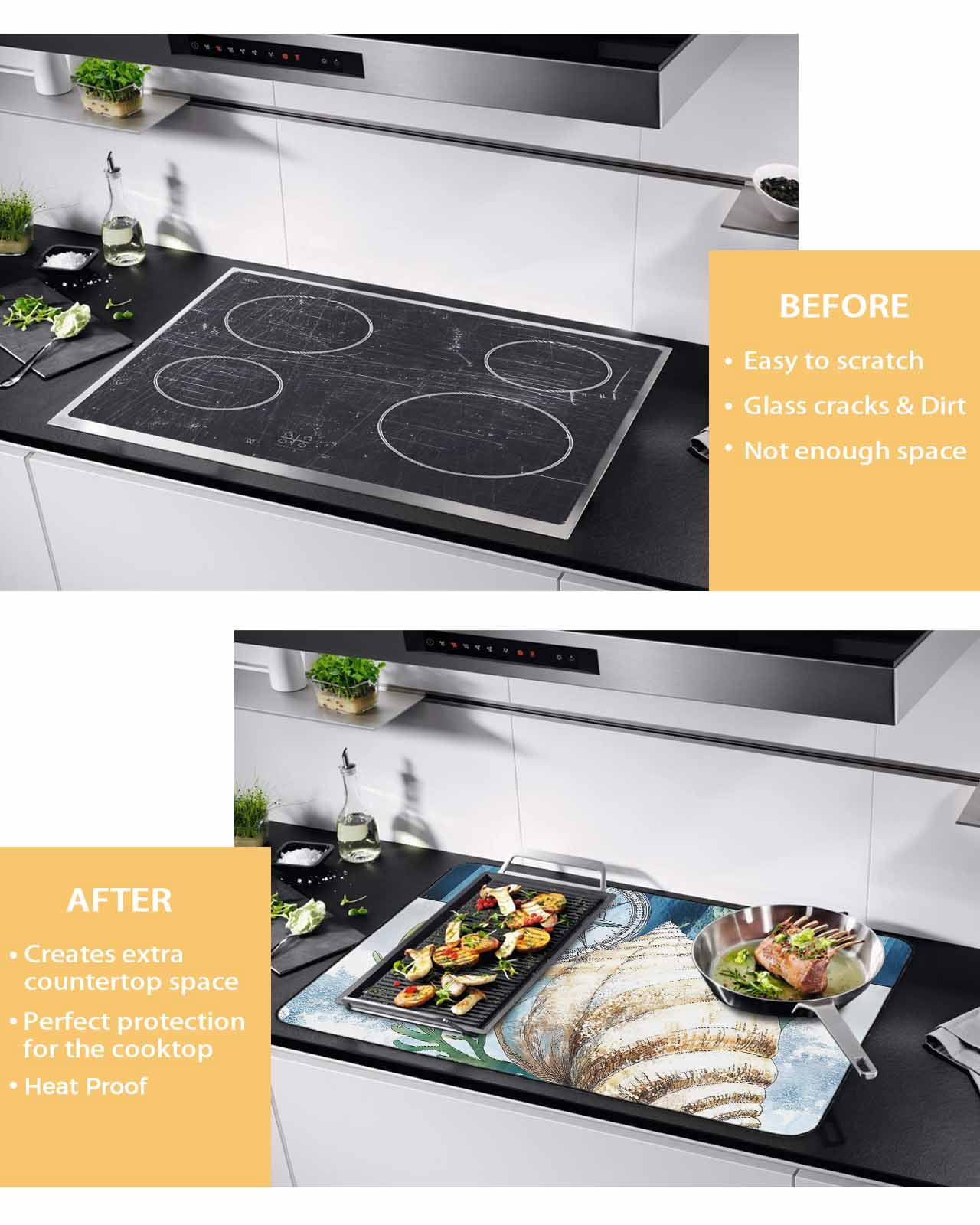 nqOlkjepod Large Induction Cooktop Protector Mat 24"x21", Nautical Compass Stove Top Covers for Electric Stove, Coastal Ocean Shell Seaweed Decorative Stove Burner Cover Mats, Glass Top Stove Cover