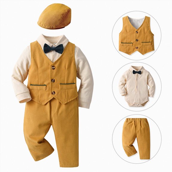 larppty Boys Suit Tuxedo Clothes Set Baby Boy Formal Outfits | Gentleman Wedding Ring Bearer Boy Dress Outfit Easter Long Sleeves (Yellow,6-12 Months)