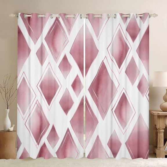 Manfei Watercolor Diamond Geometric Kitchen Curtains, Rose Gold Metalic Black Out Curtains Pack of 2 (42x63 Each), Pink White