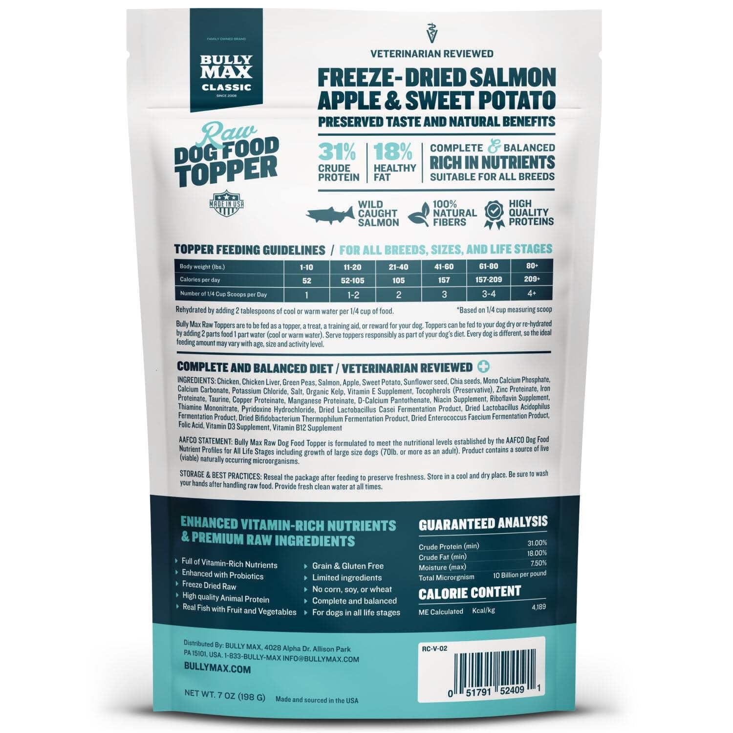 Bully Max Freeze-Dried Salmon Flavor Raw Dog Food Topper, 7 oz. Bag