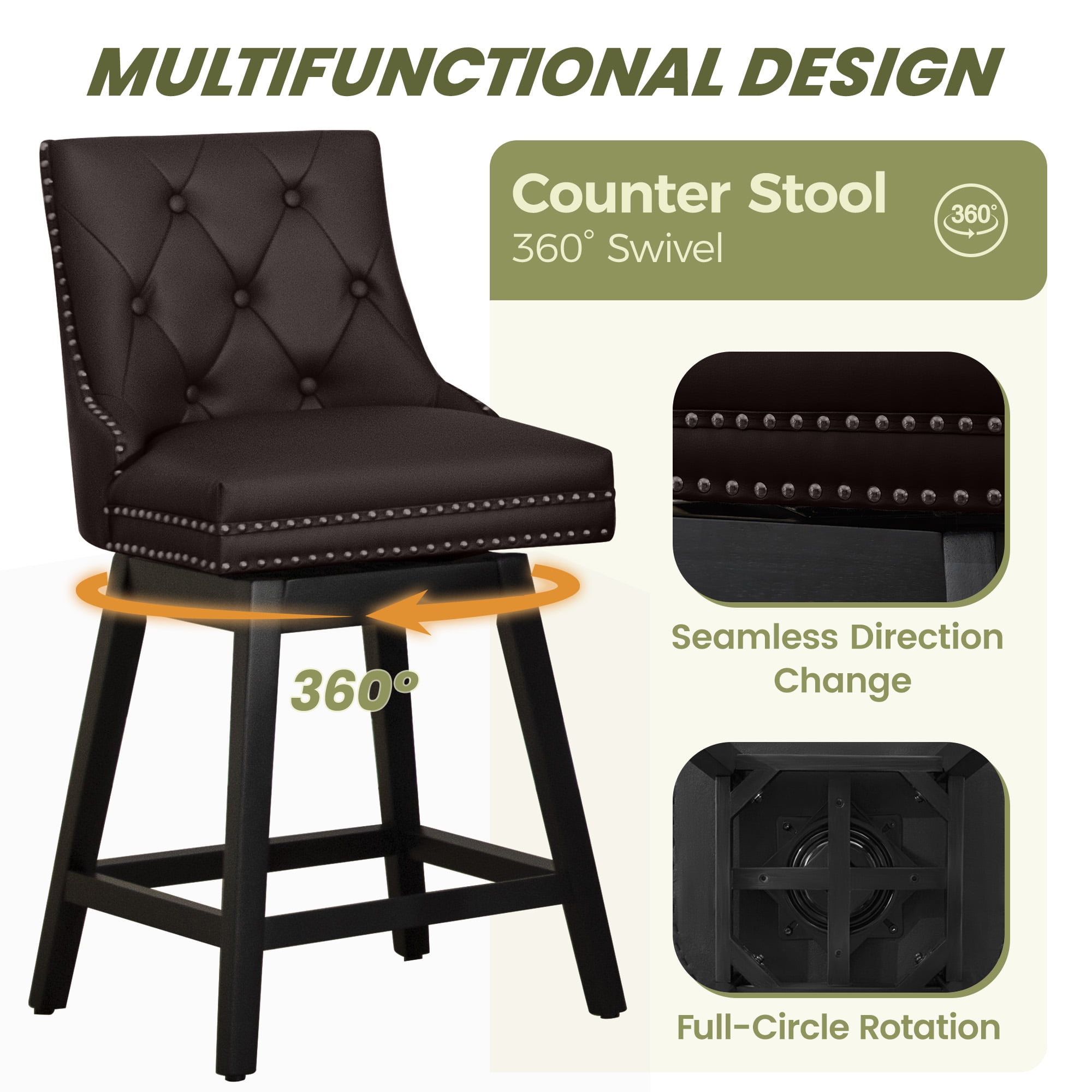 COOLHUT 26" Swivel Counter Height Bar Stools Set of 2 with Backs, Upholstered Bar Stools, Faux Leather Bar Chairs with Footrest for Kitchen Island, Red Brown