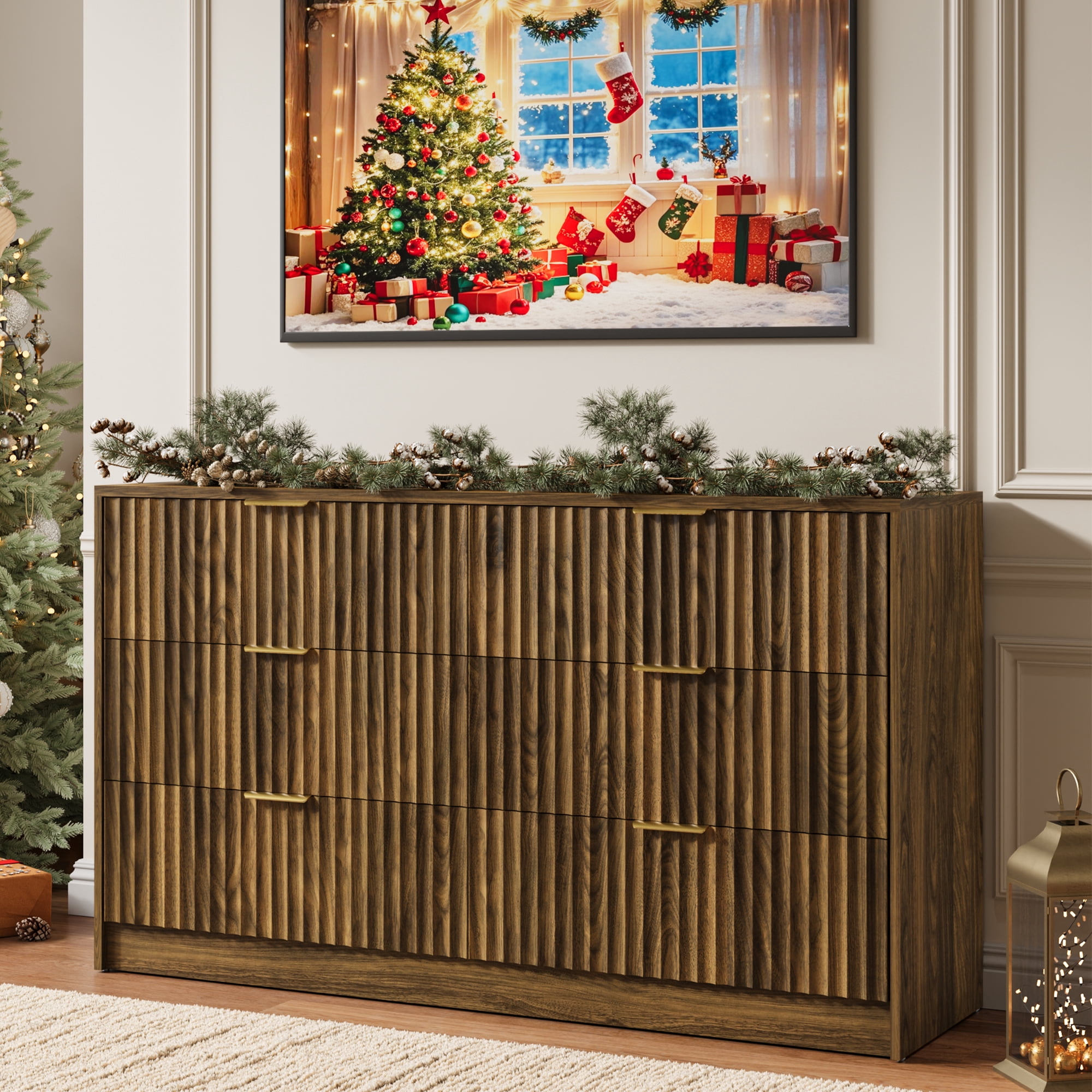 YouTrend 6 Drawer Dresser for Bedroom,55.1"Width Fluted Wood Chest of Drawer with Golden Embedded Handles for Living Room,Brown