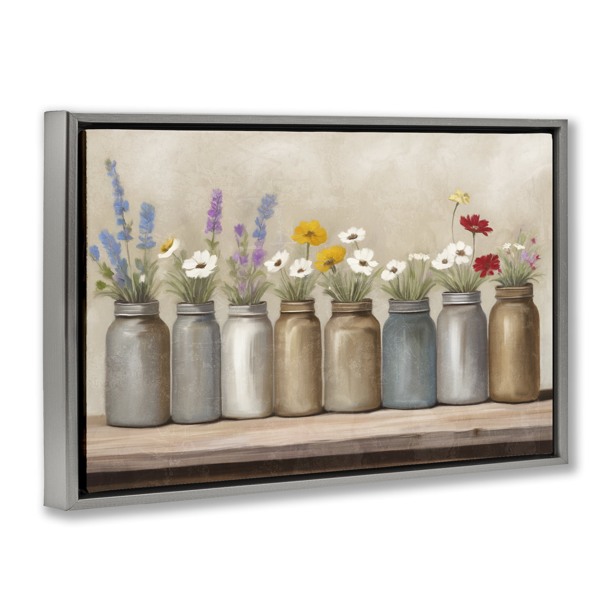 Stupell Industries Jars with Wildflowers Plants & Flowers Painting Gray Floater Framed Canvas Art Print Wall Art, 25 x 17