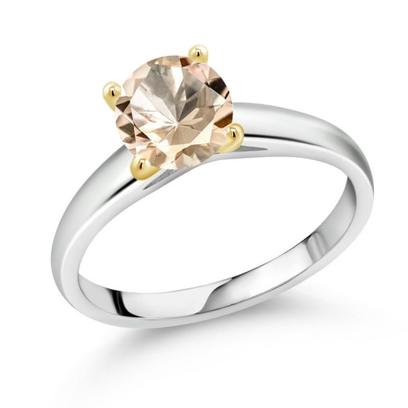 Gem Stone King 1.15 Ct 7mm Round Peach Morganite 925 Silver and 10K Yellow Gold Ring Ring (Size 5)