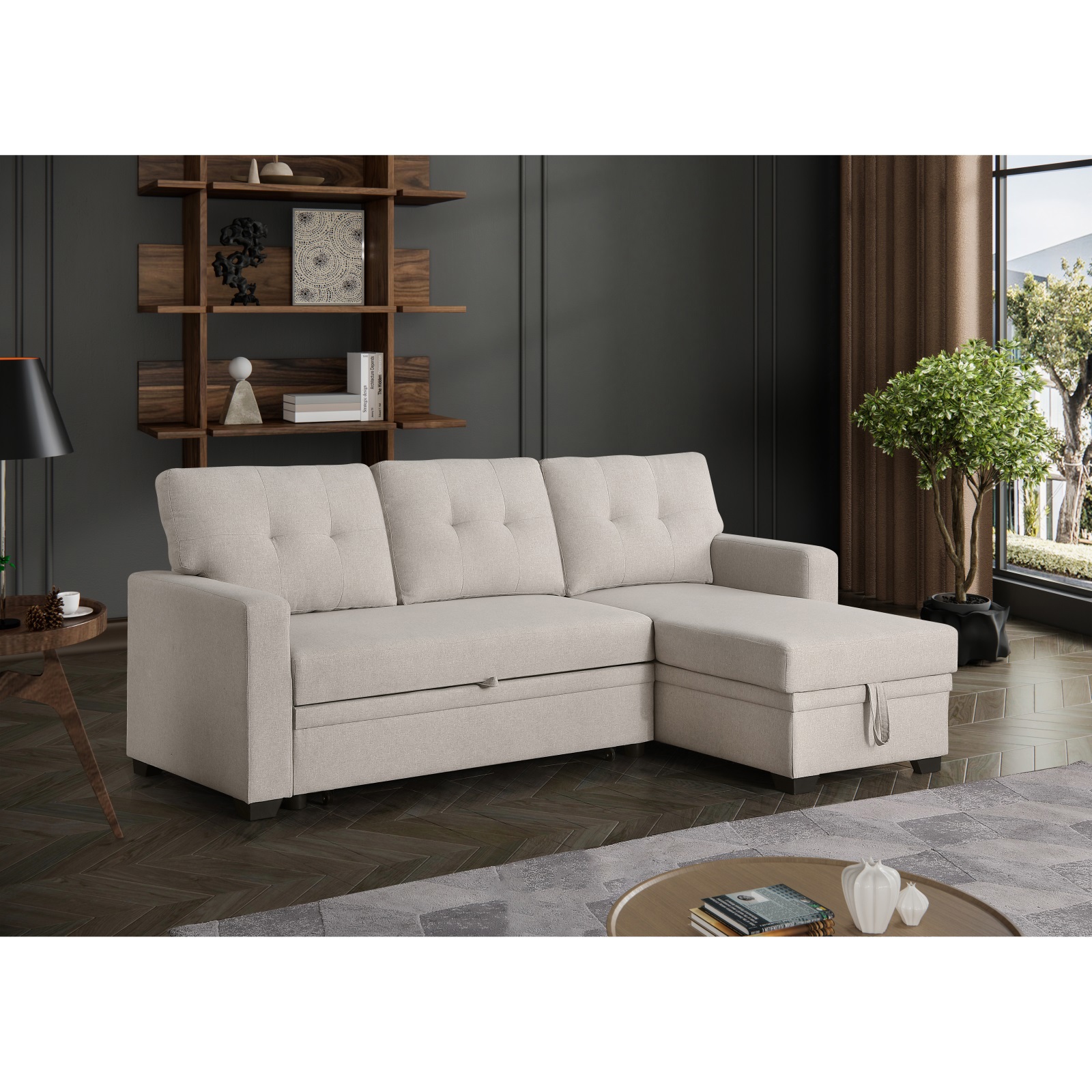 Hommoo 2 in 1 Pull Out Couch Bed Upholstered Sectional Sofa with Storage & Chaise, Convertible L Shaped Sleeper Sofa for Home,Beige