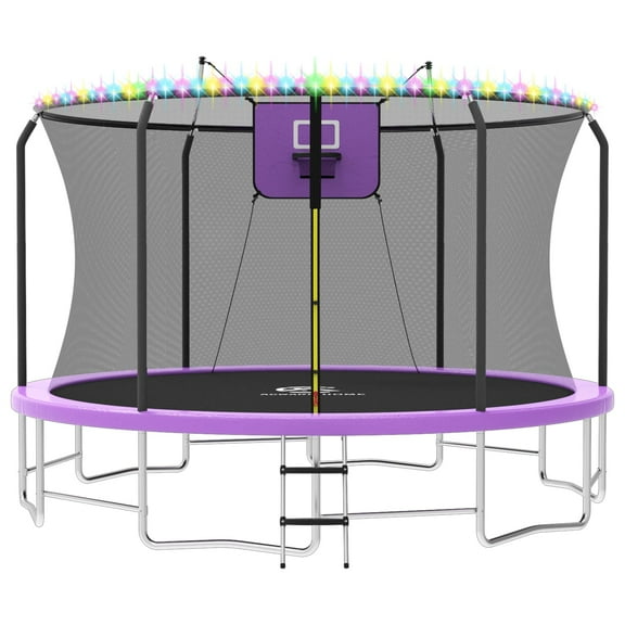 ACWARM HOME 2025 NewTrampoline 16FT Premium Purple Trampoline with Basketball Hoop and LED Lights Recreational Trampolines for Kids and Adults with Net and Ladder