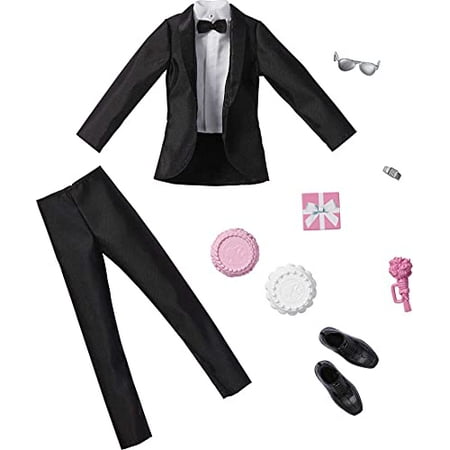 

Barbie Fashion Pack: Bridal Outfit for Ken Doll with Tuxedo Shoes Watch Gift Wedding Cake with Tray & Bouquet Gift for Kids 3 to 8 Years Old Black