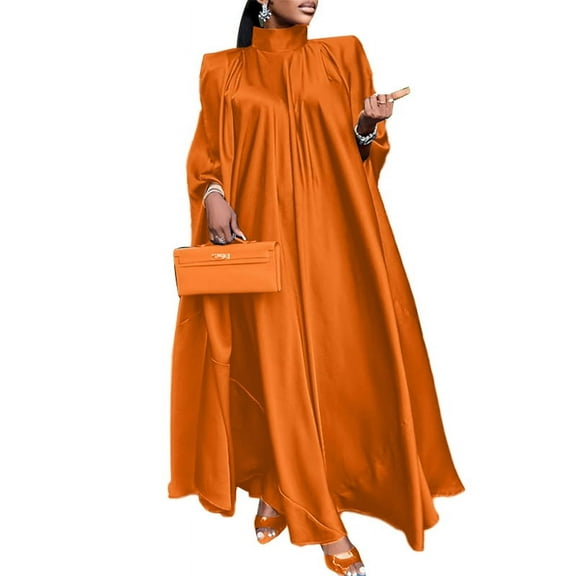VONDA Women Elegant Long Bat Sleeve Stand Collar Evening Party Pleated Casual Solid Loose Long Dress