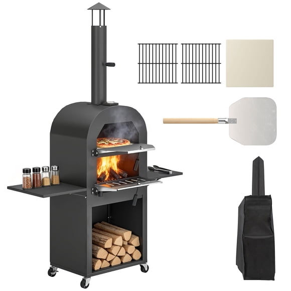 Outsunny Outdoor Wood Fired Pizza Oven with Side Shelves, Pizza Maker