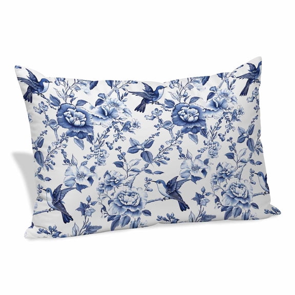 White Blue Spring Floral Pillow Protectors with Zipper Standard Size, Summer Botanical Hummingbird Soft Brushed Breathable Throw Pillow Covers, Pillowcase for Couch Sofa Bedroom Living Room 20"x26"