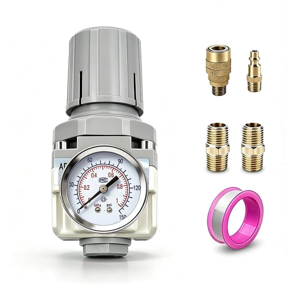 1/4" NPT Air Compressor Pressure Regulator, for Compressed Air Drying System, 0-150 PSI Gauge, 5 Micron Brass Element, AR2000-02 with Thread Seal Tape
