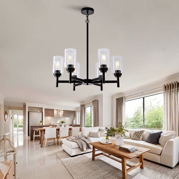 Newest 23” Modern Farmhouse 6-Light Glass Chandelier, Black Industrial for Dining Room Over Table & Kitchen Island