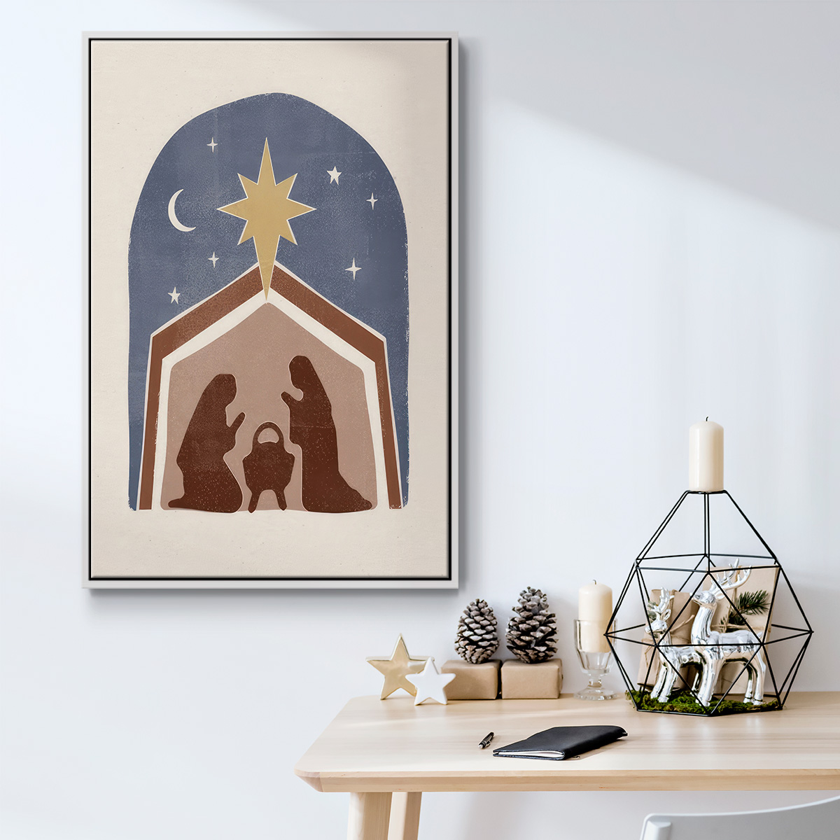 Boho Nativity I - Framed Gallery Wrapped Holiday Canvas - 27 x 41 - White Frame
