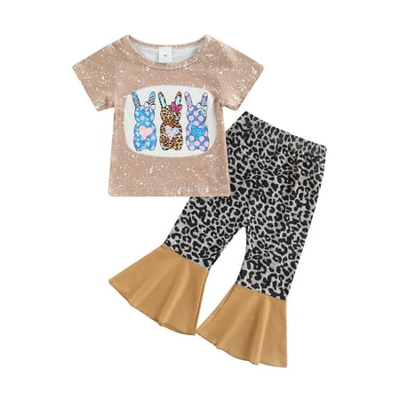 

Ma&Baby Kid Toddler Baby Girls 2Pcs Outfits Set Rabbits Print Short Sleeve T-shirt Tops + Leopard Flared Pants