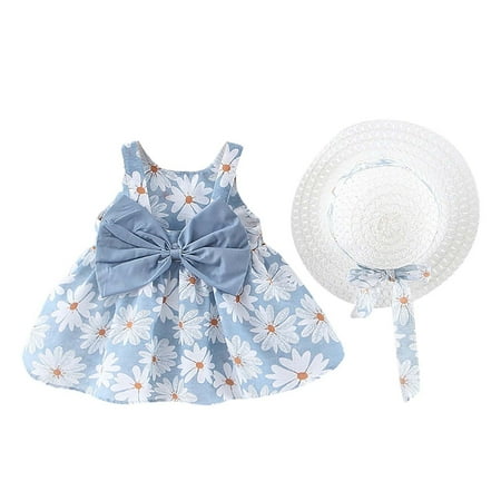

Up to 30% off! Kukoosong Girls Dresses Toddler Kids Baby Girl Clothes Summer Bow Print Suspender Dress With Hat Light Blue 80