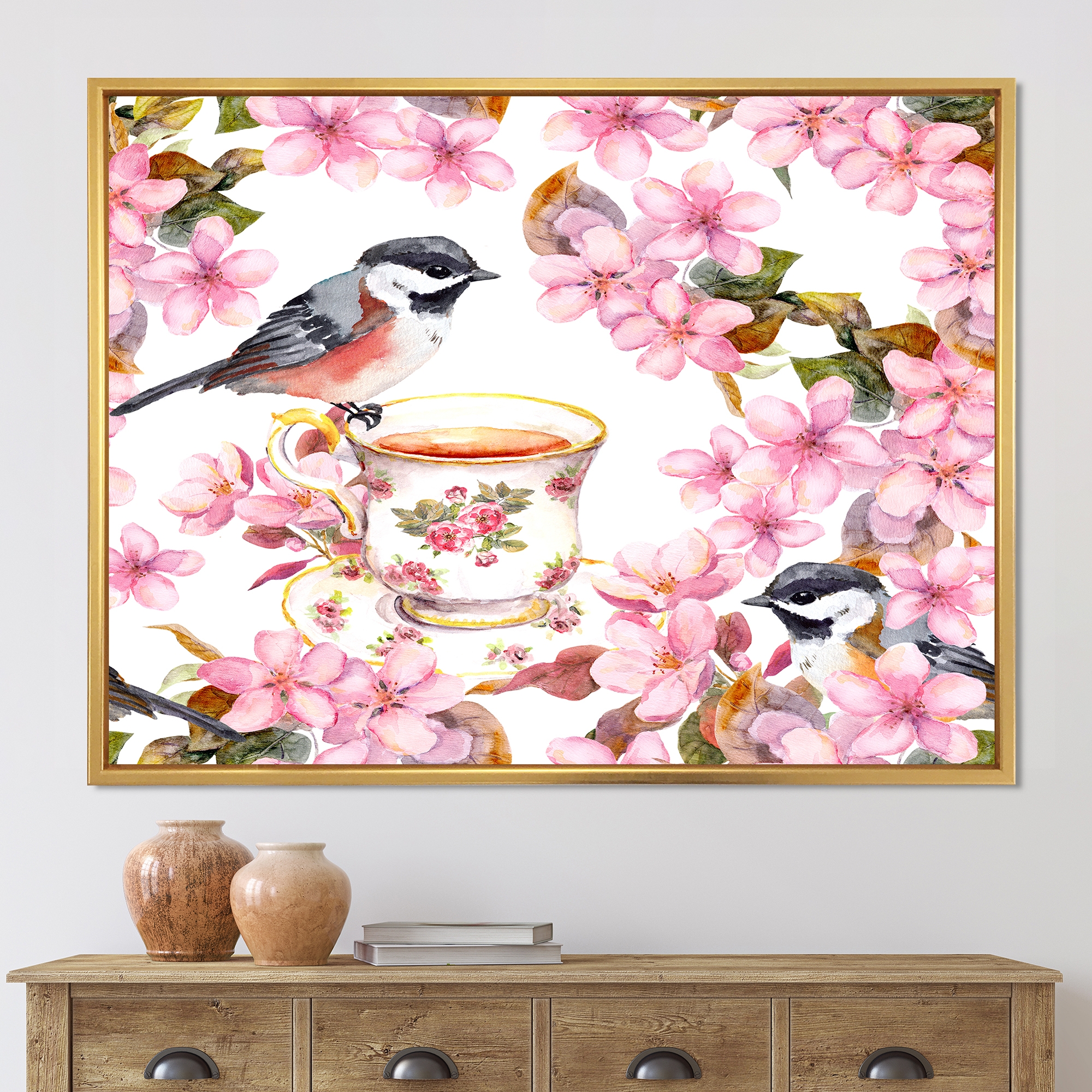 Designart 'Tea Cup Birds and Pink Flowers' Traditional Framed Canvas Wall Art Print