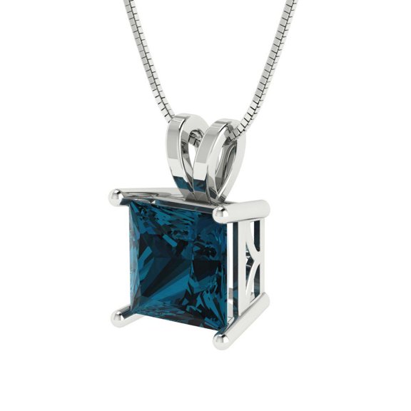 2 ct Brilliant Princess Cut Solitaire VVS1 Genuine Blue Natural London Blue Topaz Solid 14k White Solid Gold Everyday Affordable Designer Necklace Pendant with 16" Solid Gold Chain by Clara Pucci