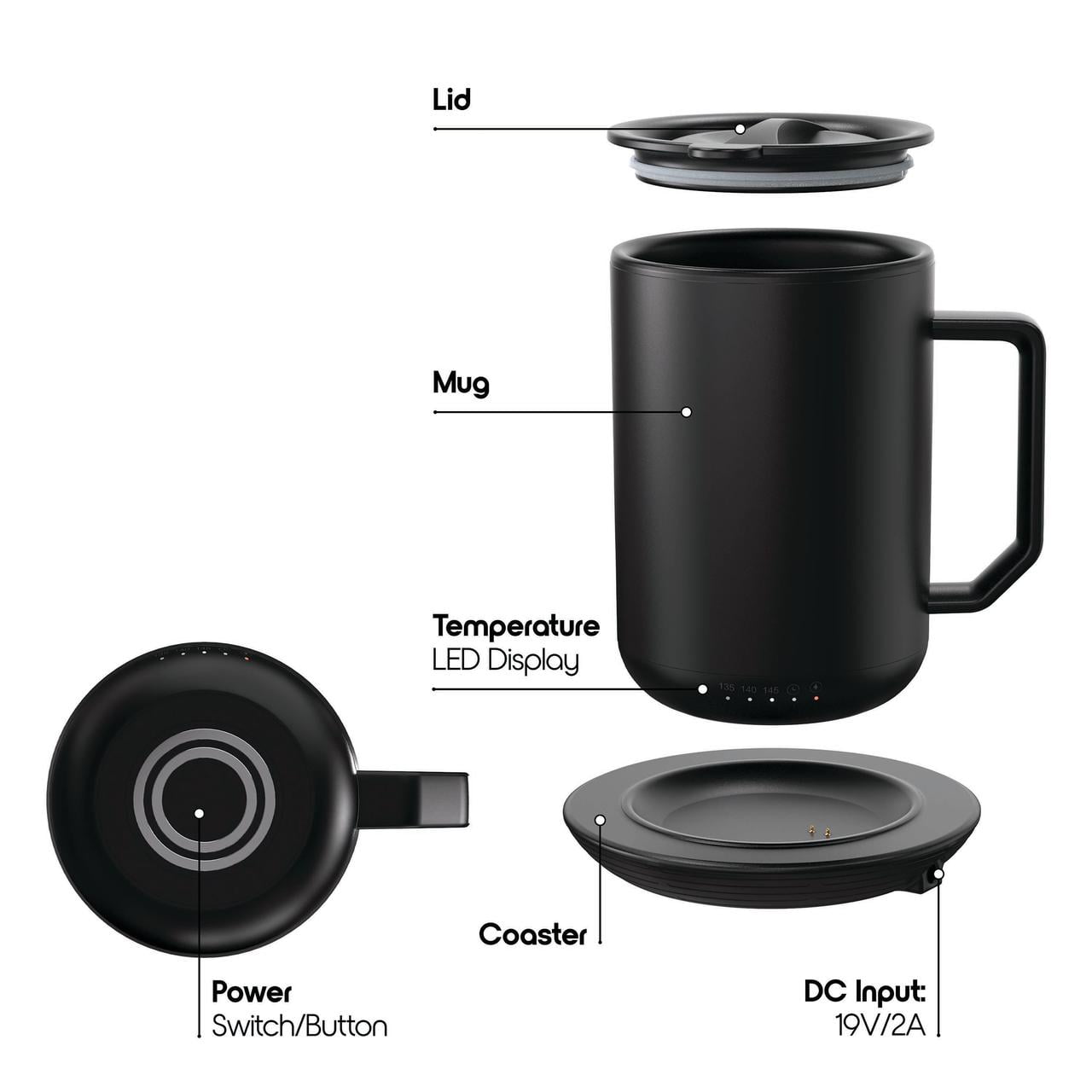 ionMug & Charging Coaster, 12oz. Stainless Steel Self Heating Coffee Mug with Lid, 3.5" x 3.5" x 5"