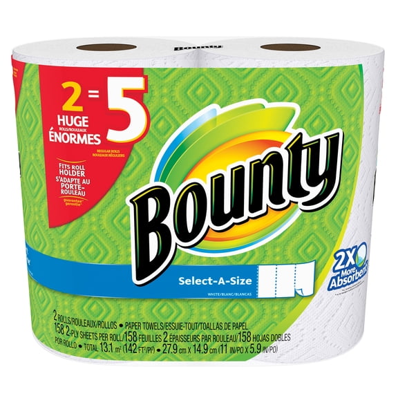 Bounty Paper Towels, Select-A-Size, White, 2 Huge Rolls