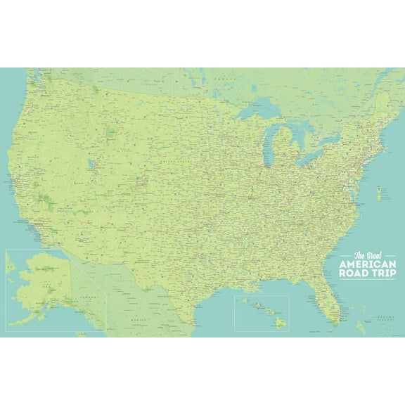 USA Road Trip & Travel Highway Tracing Map 24x36 Poster (Green & Aqua)