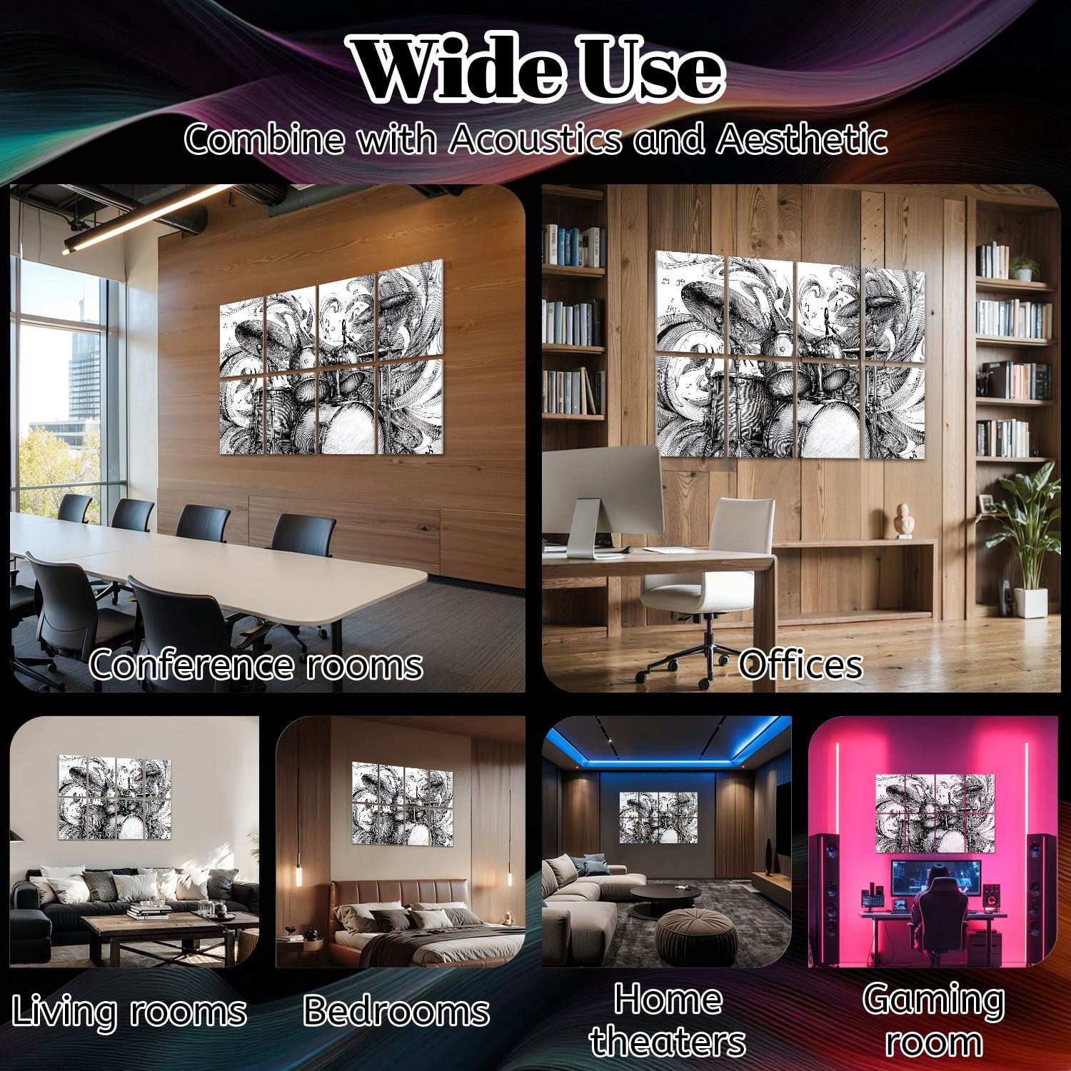 8 Pack Art Acoustic Panels Sound Absorbing Black White Drum Set Sketch Flowing Musical Notes Decorative Soundproof Wall Panels Self Adhesive for Nursery Game Room Bedroom 48"x32"