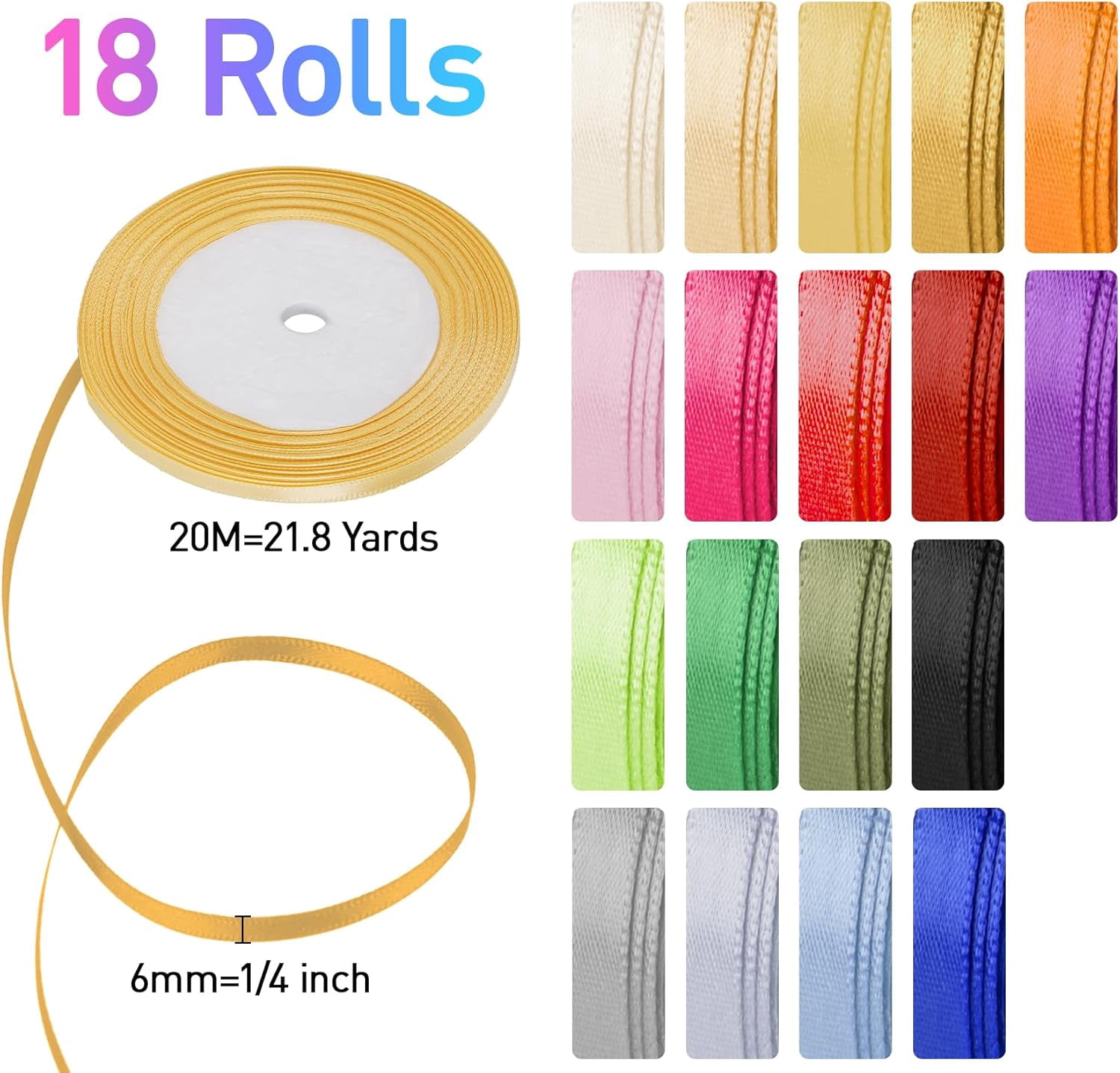 18 Colors Satin Ribbon Polyester, 1/4 inch Solid Fabric Ribbon Roll for Gift Wrapping, DIY Crafts, Wedding Christmas Birthday Party Decorations
