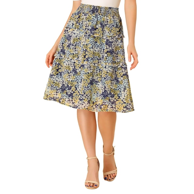 Unique Bargains Jupe à Volants Fluide à Étages à Imprimé Floral pour Femme, Bleu Foncé, TP