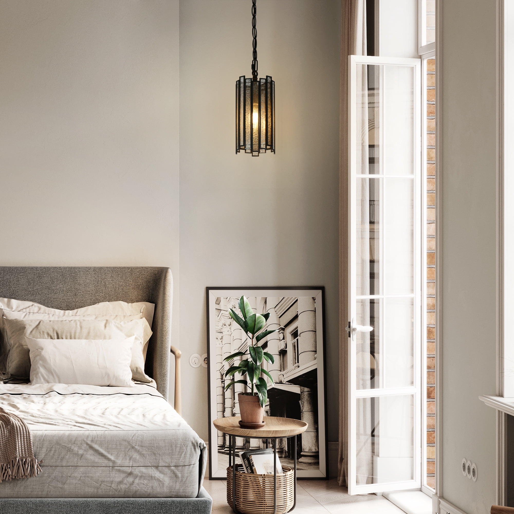 LNC 1-Light Black Pendant Light, Colored Glass-Cylinder