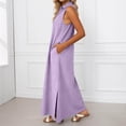 thumbnail image 4 of DHFJKG Summer Dresses For Women Beach Long Dress Sleeveless Turndown Collar Loose Fit Solid Color Flowy A-Line Side Slit Sundress Trendy Dresses, 4 of 7