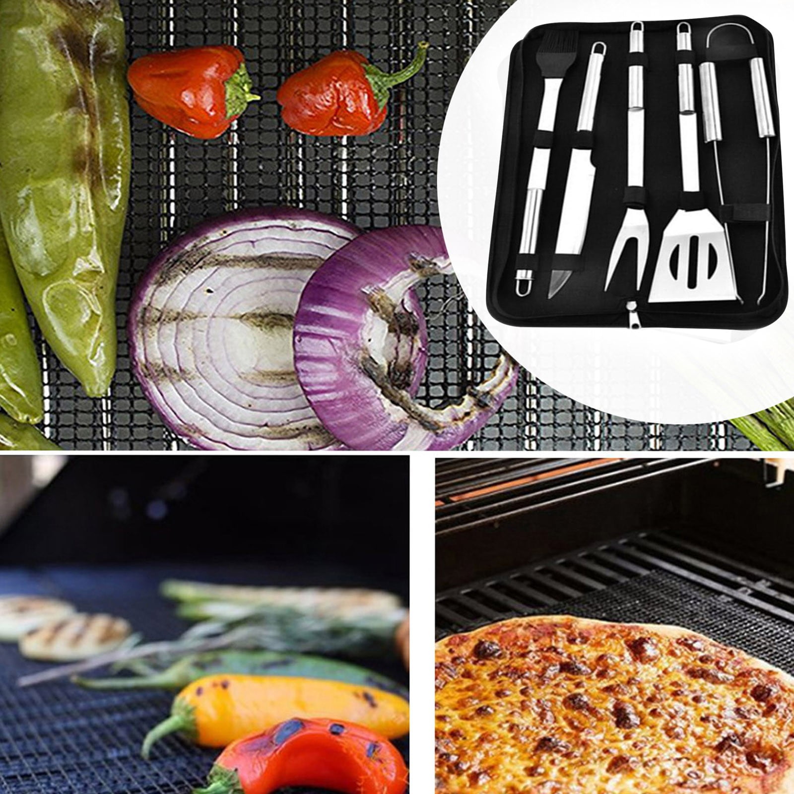 THHEIC 5-Piece Stainless Steel Grill Tools Set with Carry Bag, Includes Fork, Tongs, Brush, and Spatula for BBQ, Grilling, and Outdoor Cooking Activities