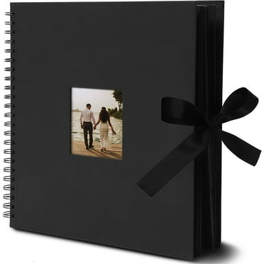 Black 12 x 12 Scrapbook Album with Silk Ribbon, Cover Window, Spiral Bound Photo Book for Wedding, Anniversary, Baby and Kids (80 Pages)