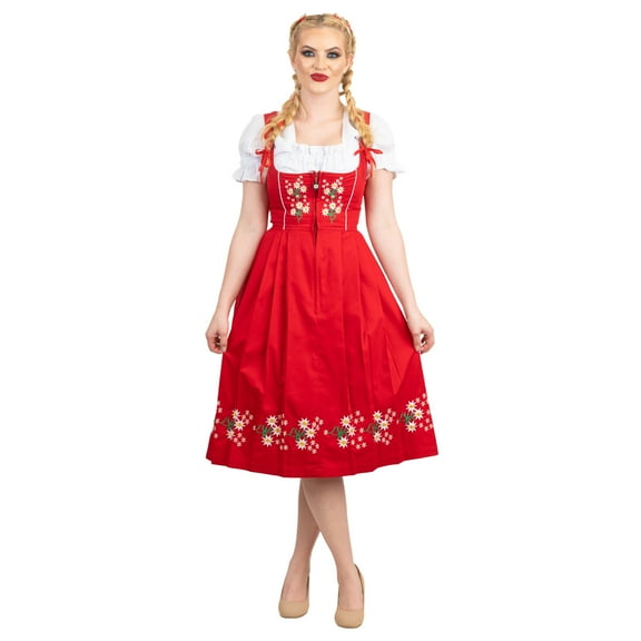 Dirndl Trachten Haus 3 Piece Long German Oktoberfest Dirndl Cotton Dress for Womens and Girls - Red