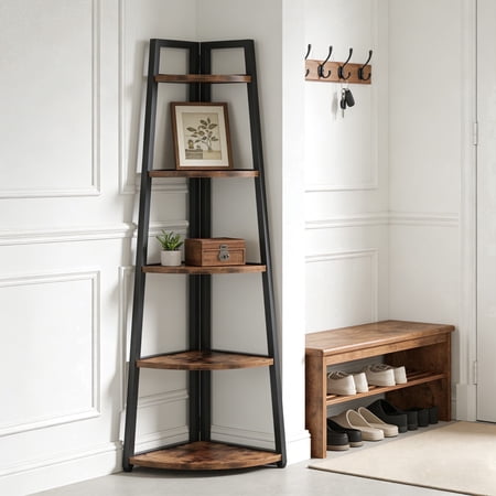 Fnova 71" 5-Tier Industrial Corner Ladder Shelf, Modern Corner Bookshelf, Compact Bookcase, Plant Stand for Living Room, Kitchen, Home Office